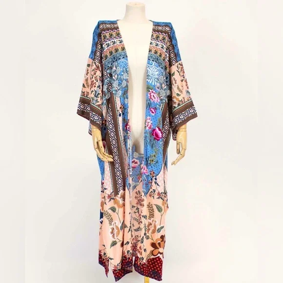 Bohemian Kimono duster, colorful print, midi length, one size fits most - Picture 1 of 8